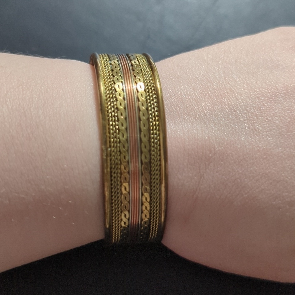 Brass and Copper Tone Open Cuff Bangle Statement Bracelet
